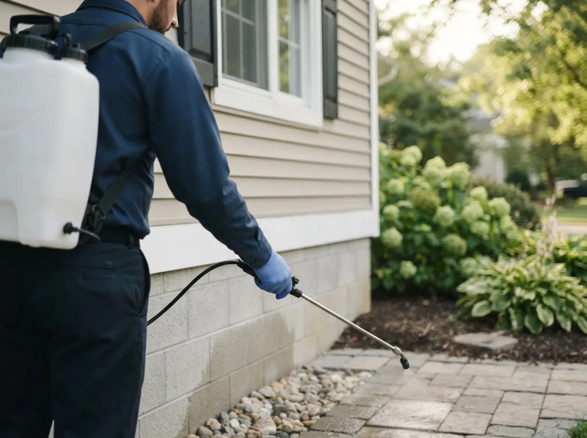 Pest control technician inspecting a home in Cozad, NE